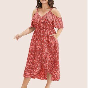 Ditsy Floral Pocket Wrap Cold Shoulder Ruffle Dress